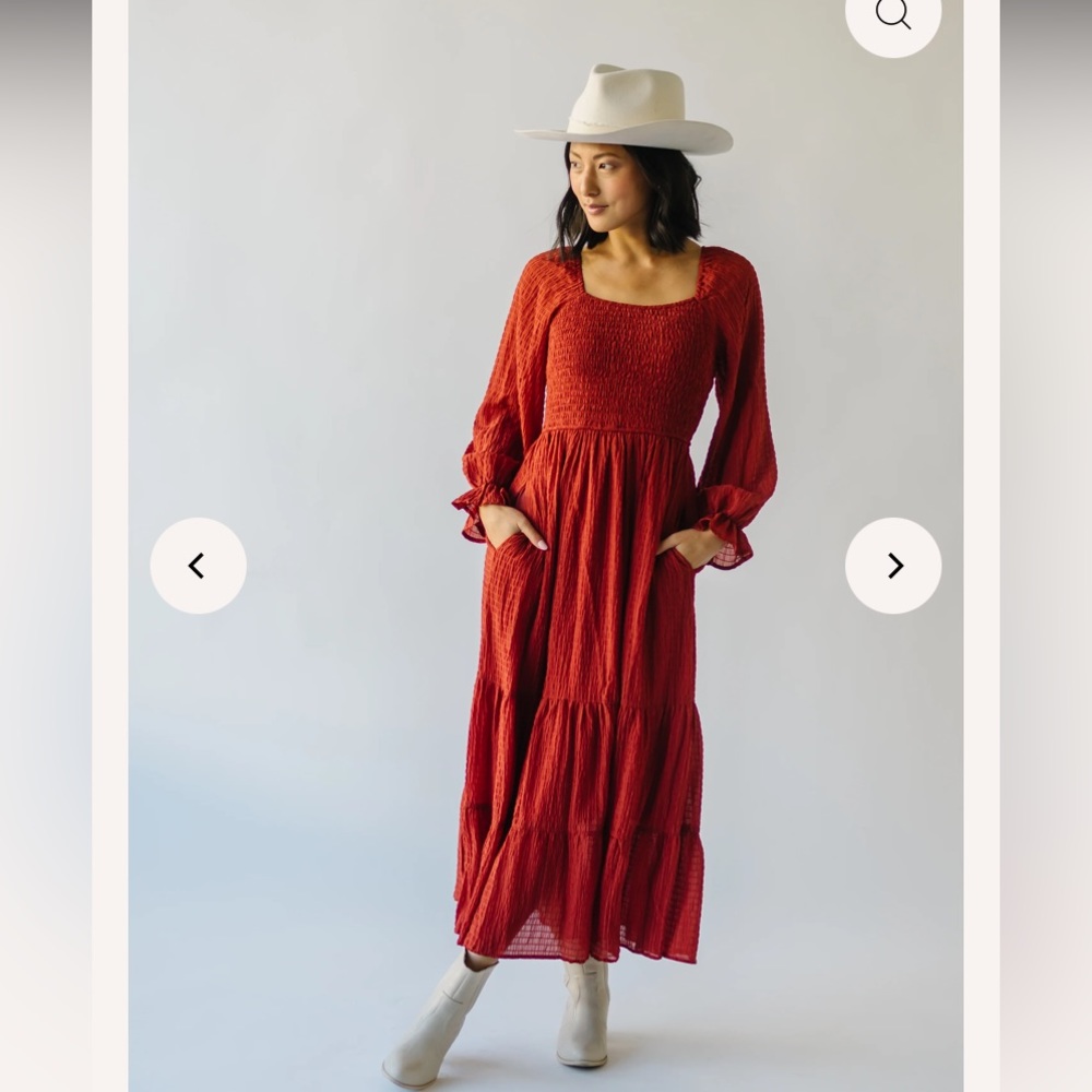 Piper and Scoot Macedonia Tiered Midi Dress in Rust